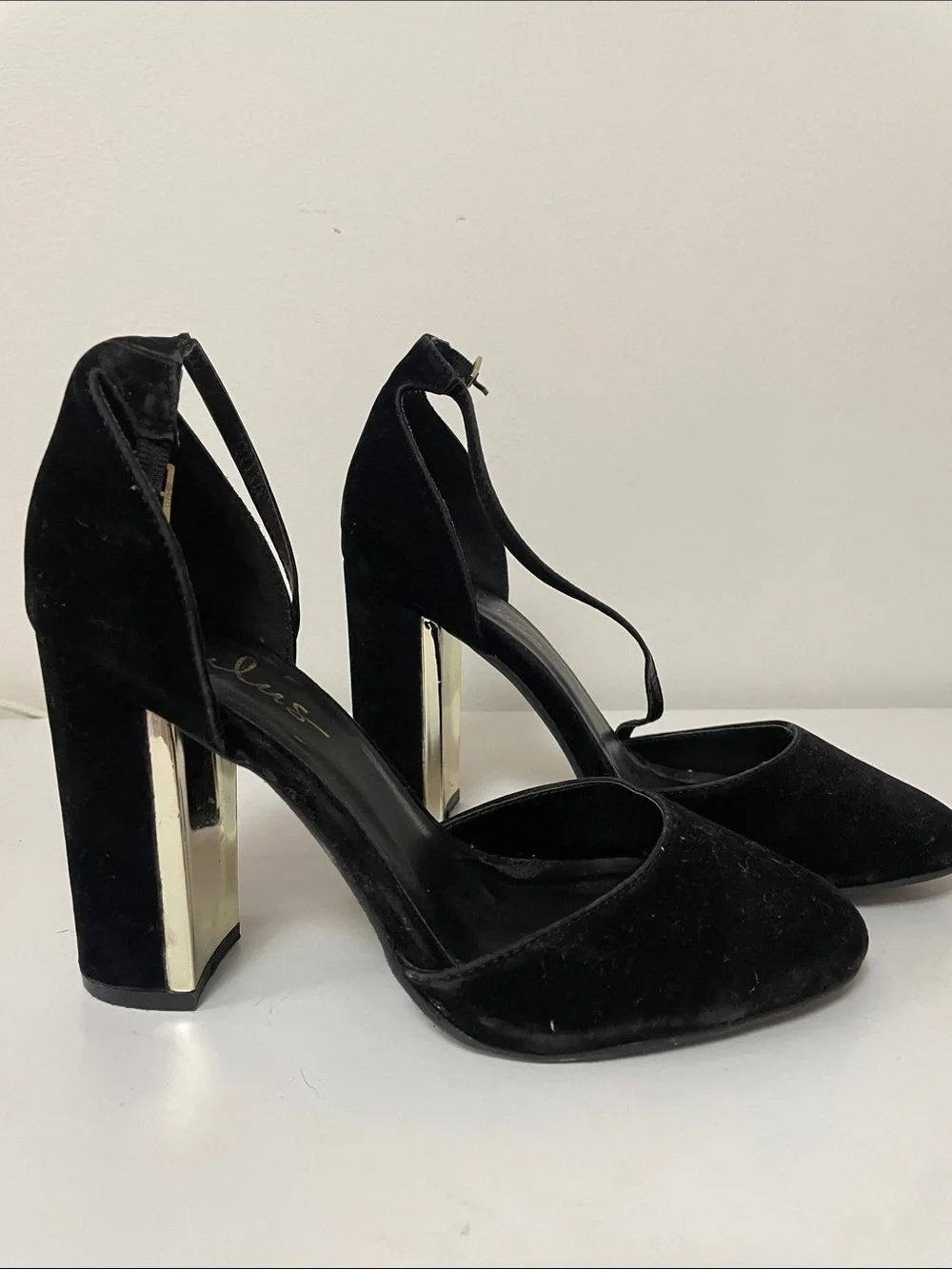 Lulu's Black Velvet Block Heel Ankle-Strap Pumps with Gold Accent